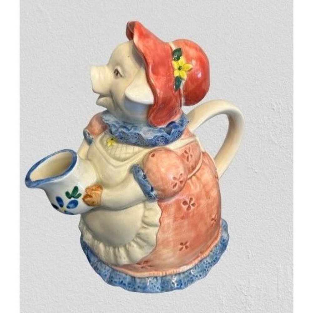 Vtg OTAGIRI Teapot Pig Hand-Painted Ceramic 9"